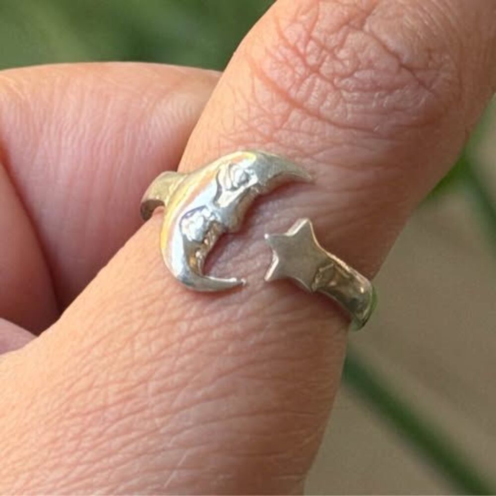 Sterling Silver Moon & Star Adjustable Ring | Celestial Dream Ringu